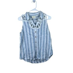 Anthropologie Maeve Edinboro Linen Blouse Blue/White Stripe Cotton Lace Trim S‎